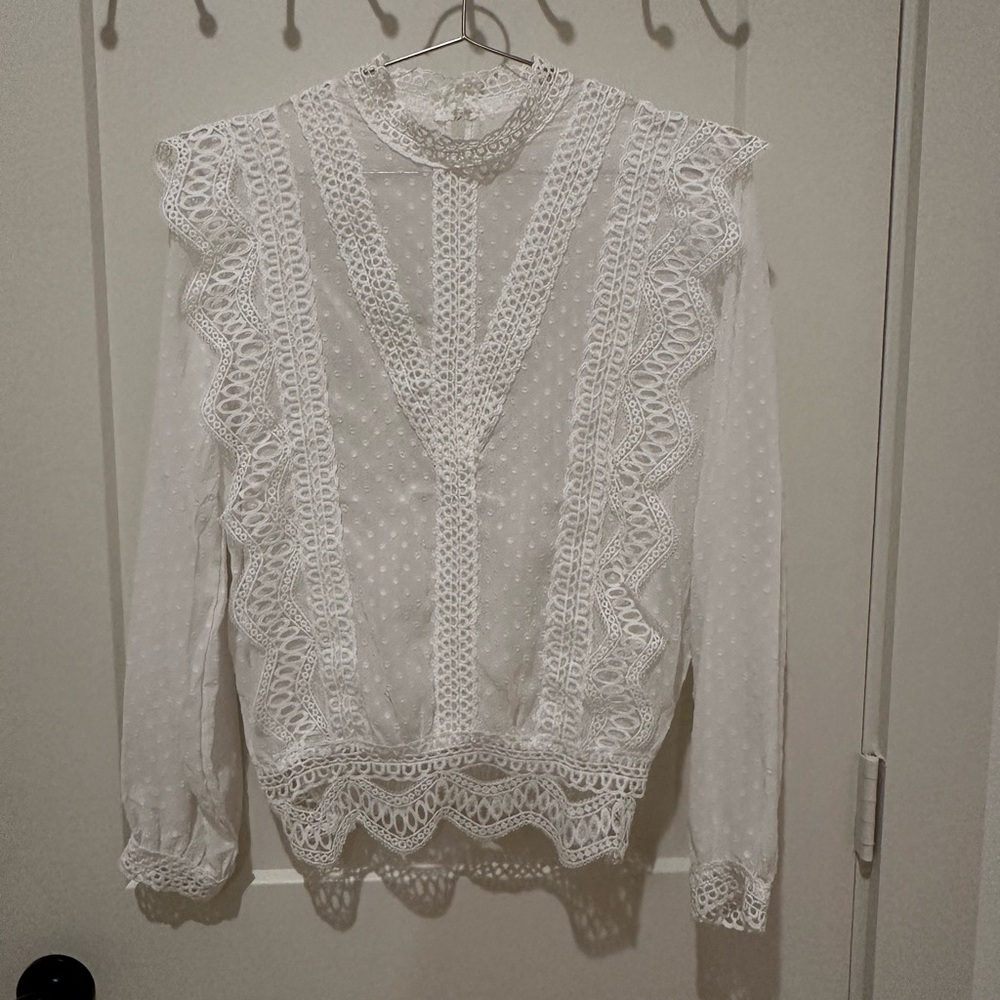 Elegant Mock Neck, White Lace Blouse - Picture 1 of 3